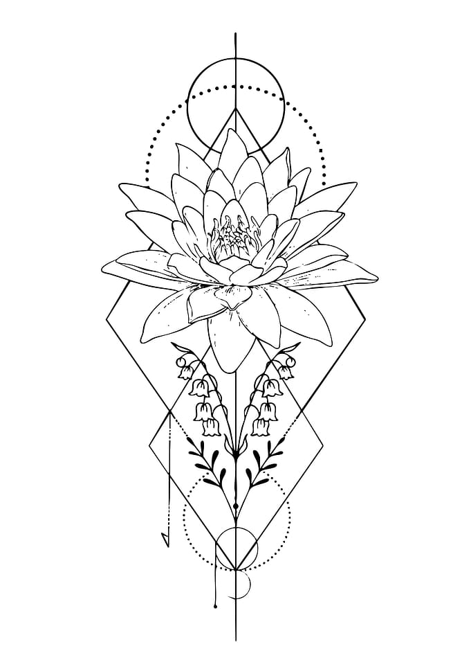 Geometric Lotus and Lily of the Valley Tattoo Design