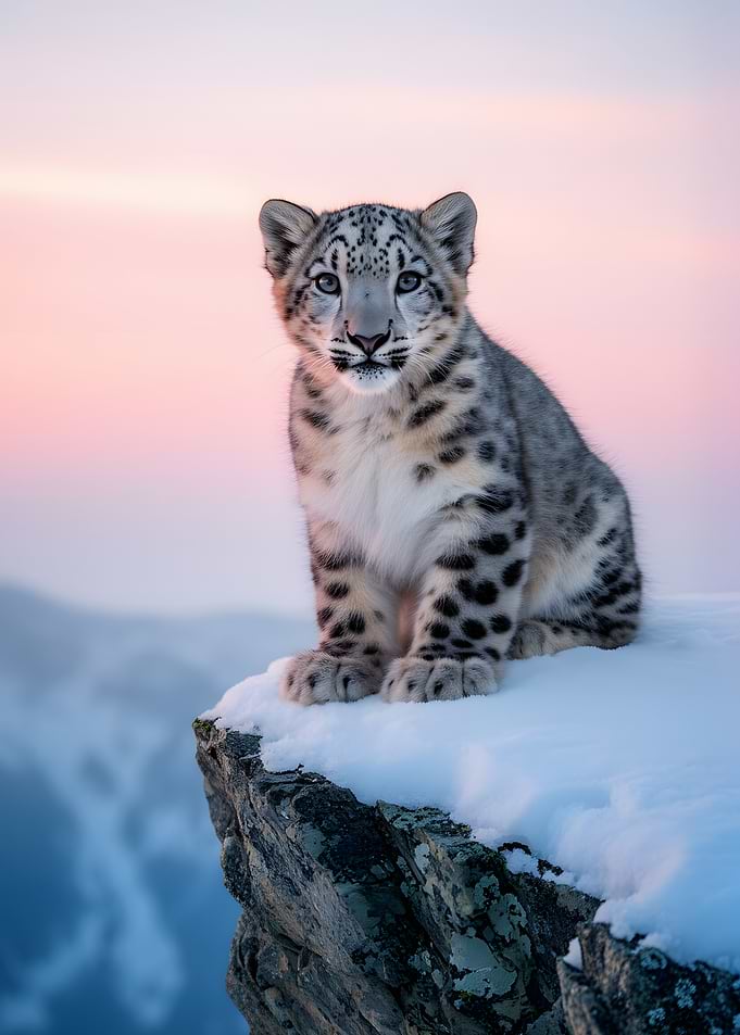 Snow Leopard Cub on Snowy Cliff
