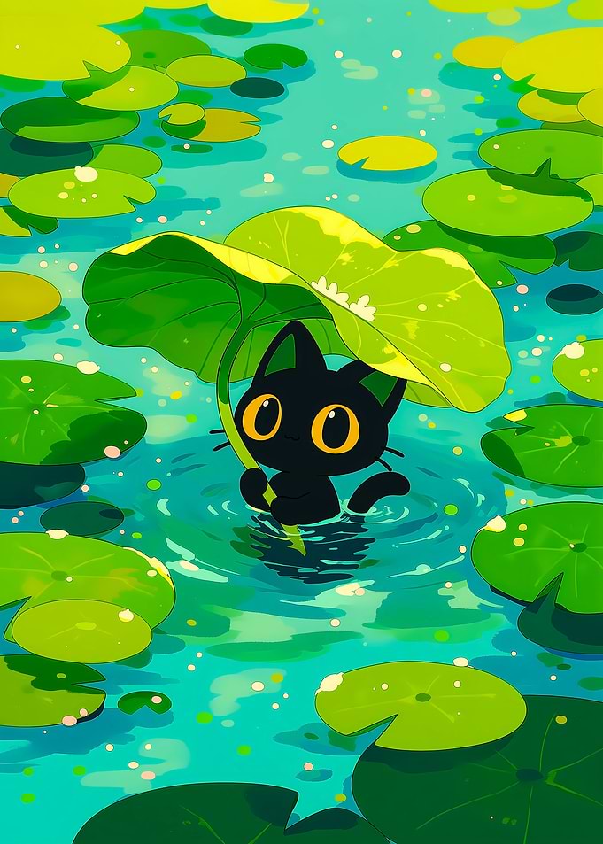 Cute black cat under a lotus leaf