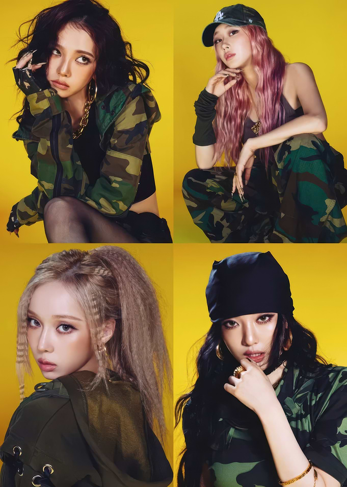 Four women in camouflage outfits