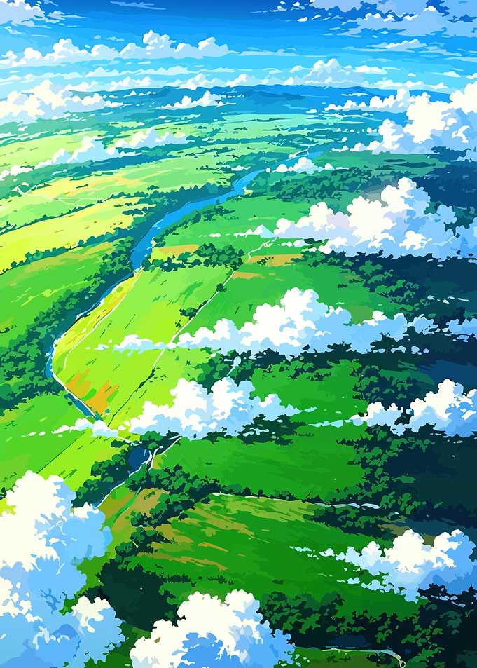 Anime Landscape with River and Clouds