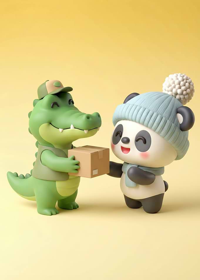 Cute alligator delivers package to panda
