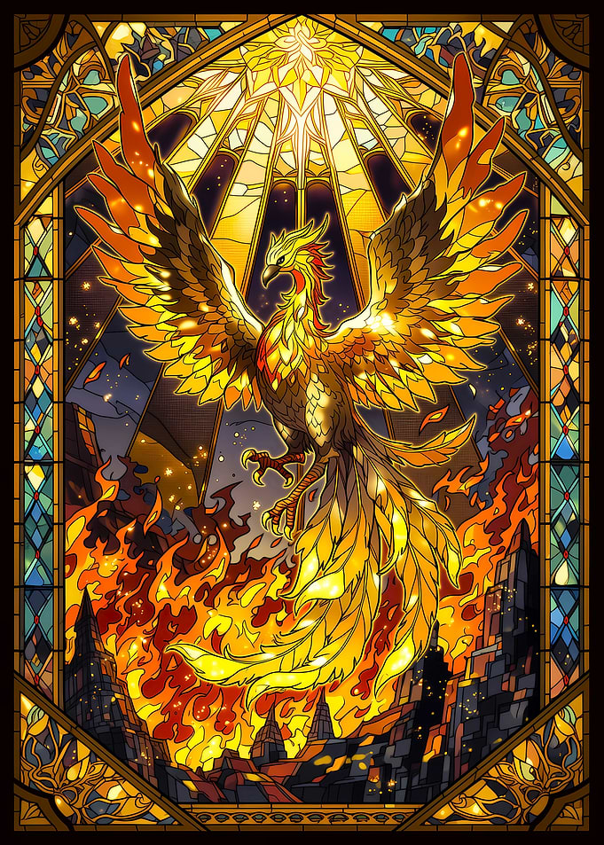 Phoenix Rising from Flames in Stained Glass