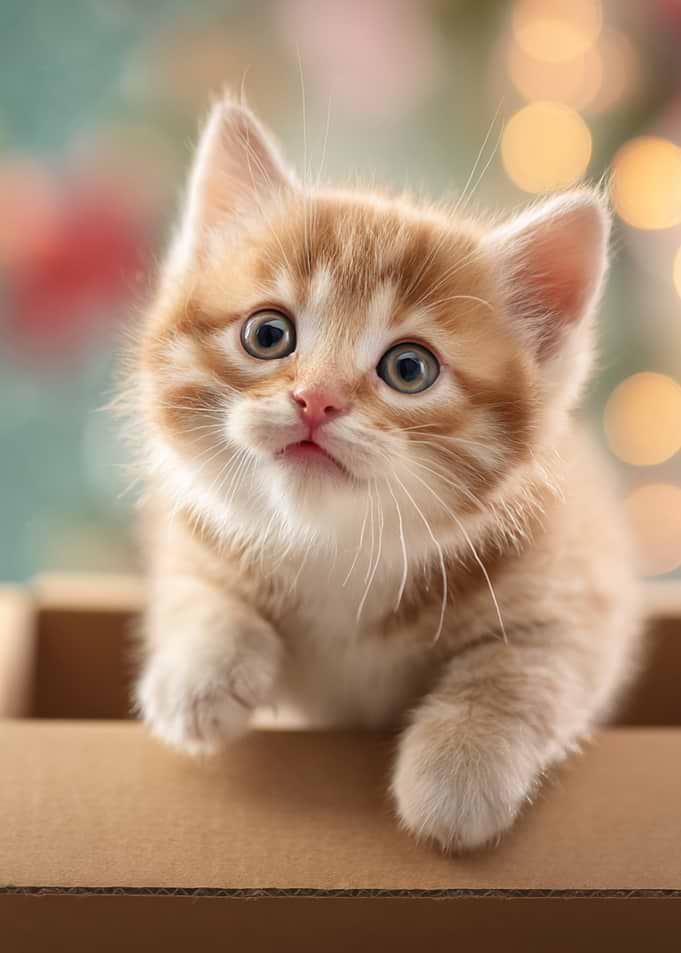 Dreamy Close-Up of an Adorable Orange Tabby Kitten in a Box