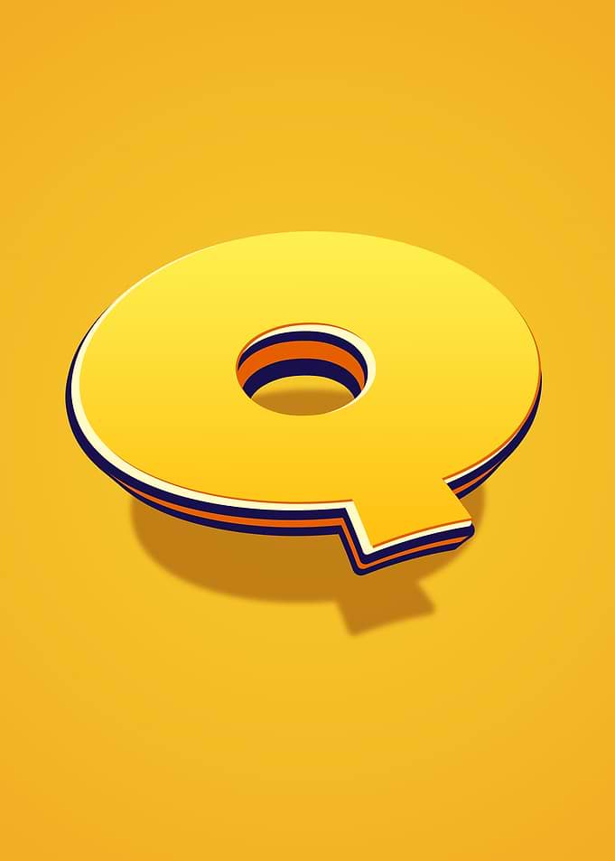Yellow Letter Q with Blue and Orange Trim