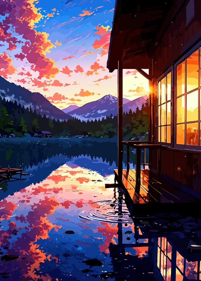 Sunset over a mountain lake with cabin