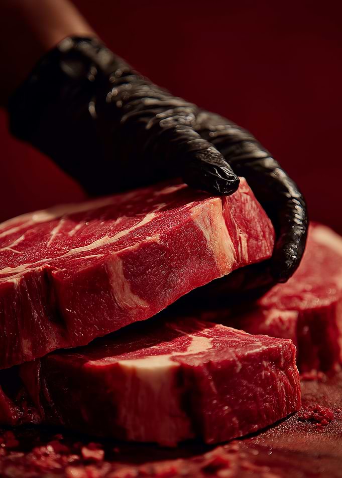 Hand in black glove holding raw steaks