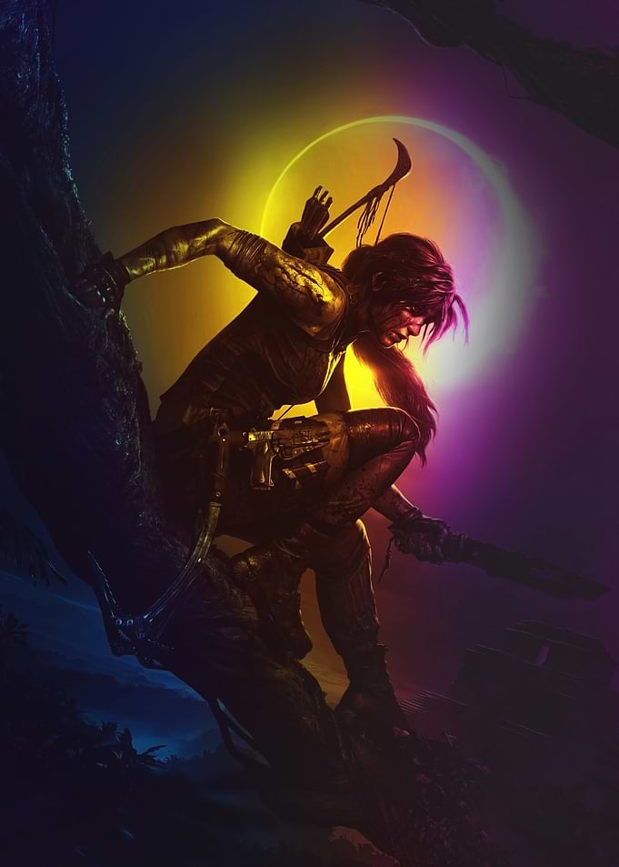 Lara Croft in a moonlit jungle