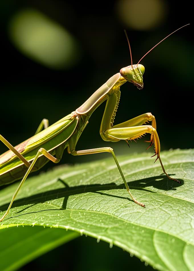 Praying Mantis on Green Leaf