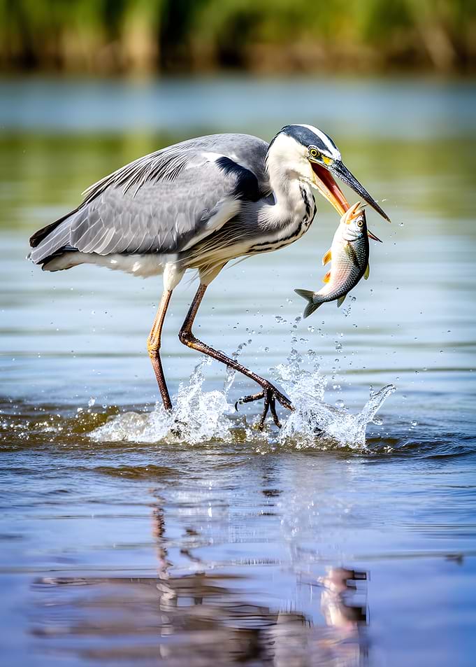 Heron catches fish in water