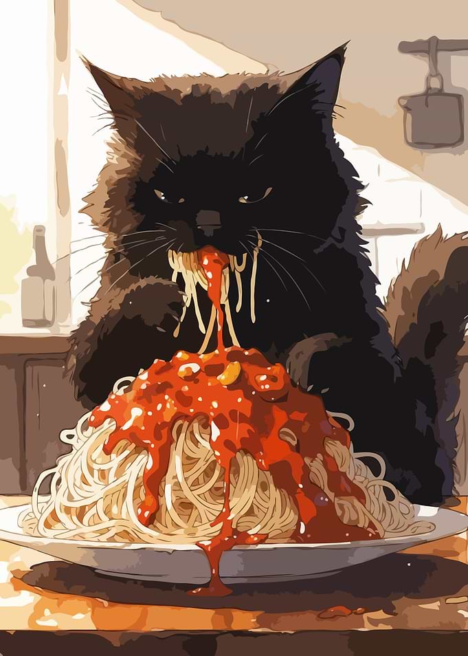Black Cat Eating Spaghetti Art