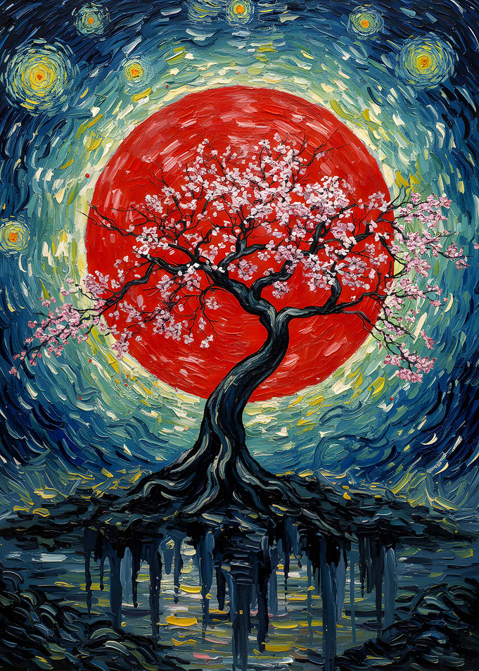Cherry Blossom Tree Under Red Moon