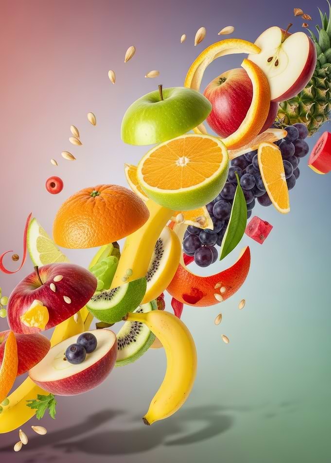 Assortment of Fresh Fruits in Motion