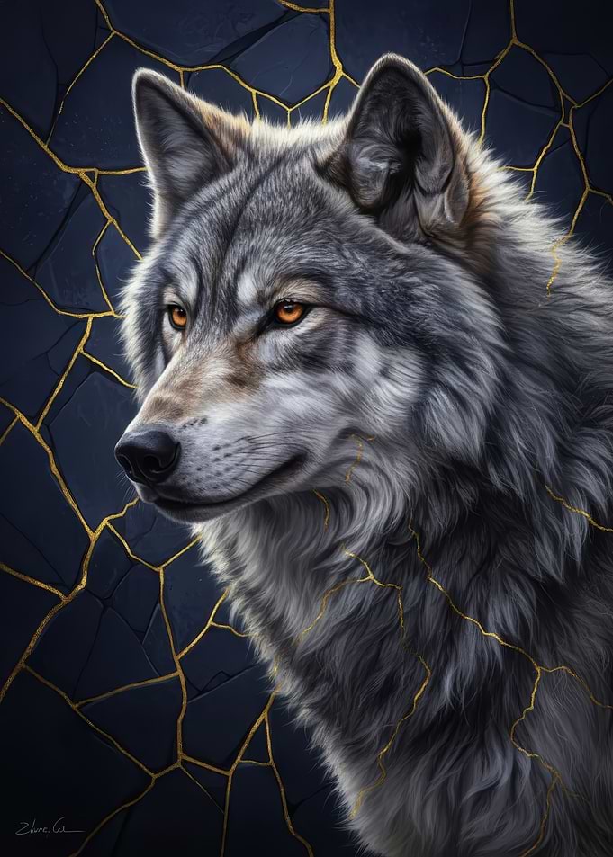 Kintsugi Wolf with Golden Cracks