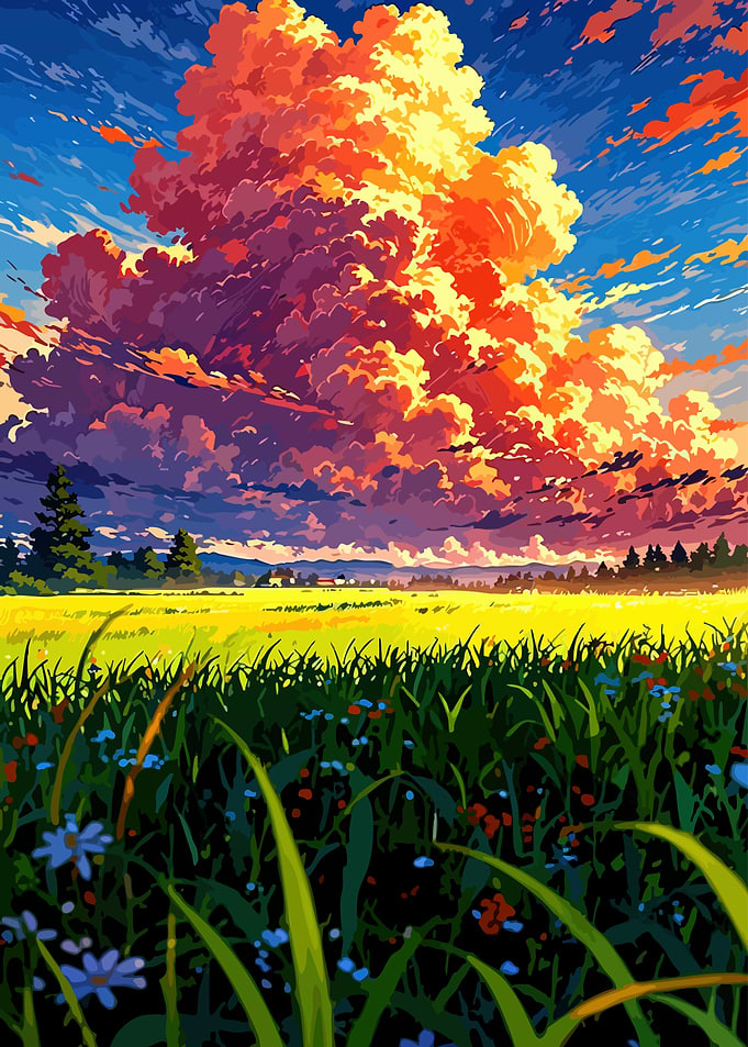 Vibrant Anime Landscape with Dramatic Clouds