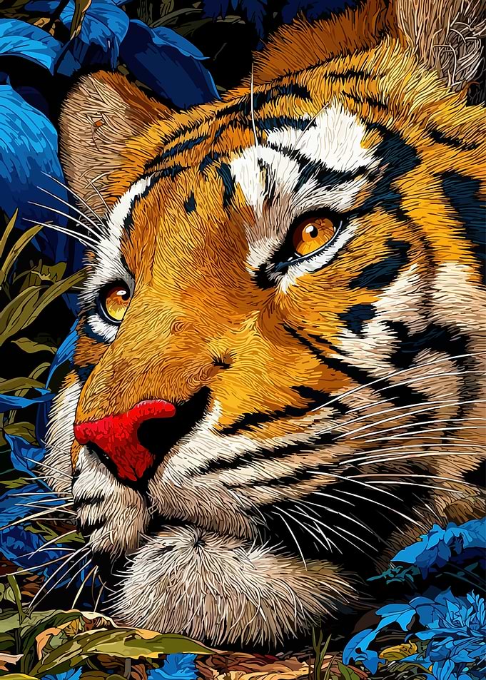 Close-up Tiger Portrait in Blue Foliage