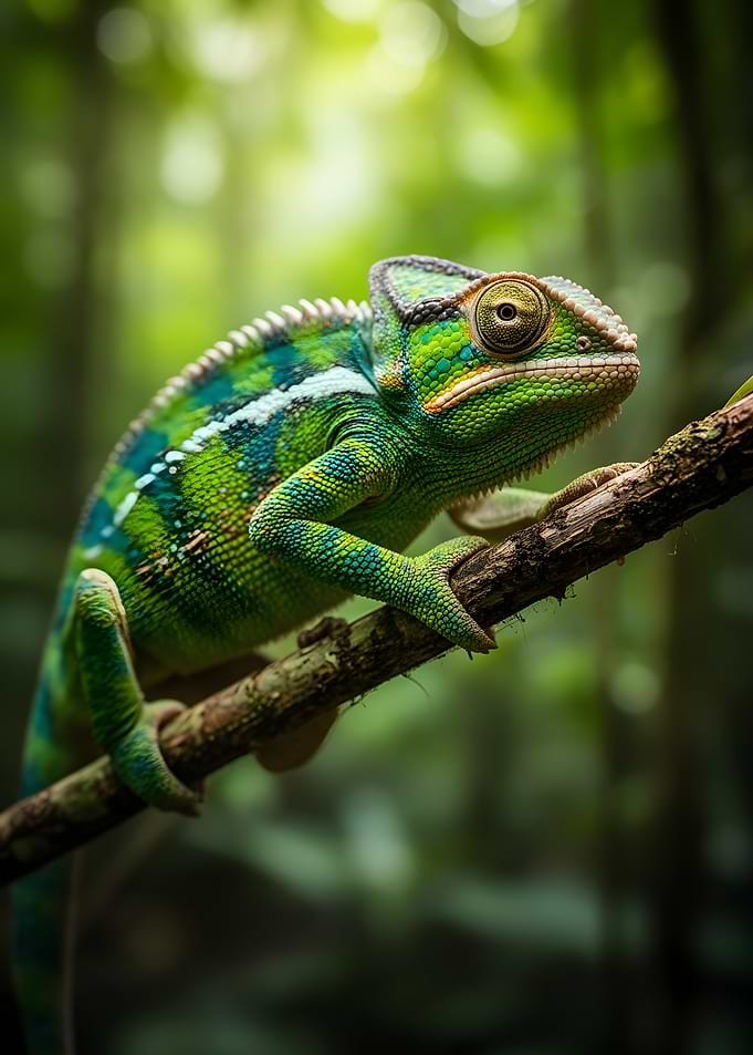 Chameleon on a branch in a forest