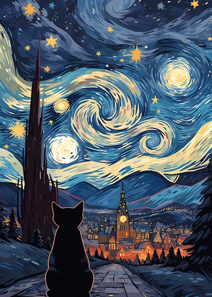 Black Cat Starry Night Cityscape
