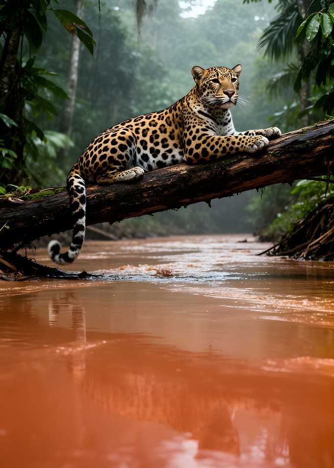 Leopard resting on a log over a river