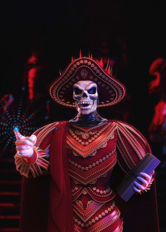 Skeleton in ornate red costume