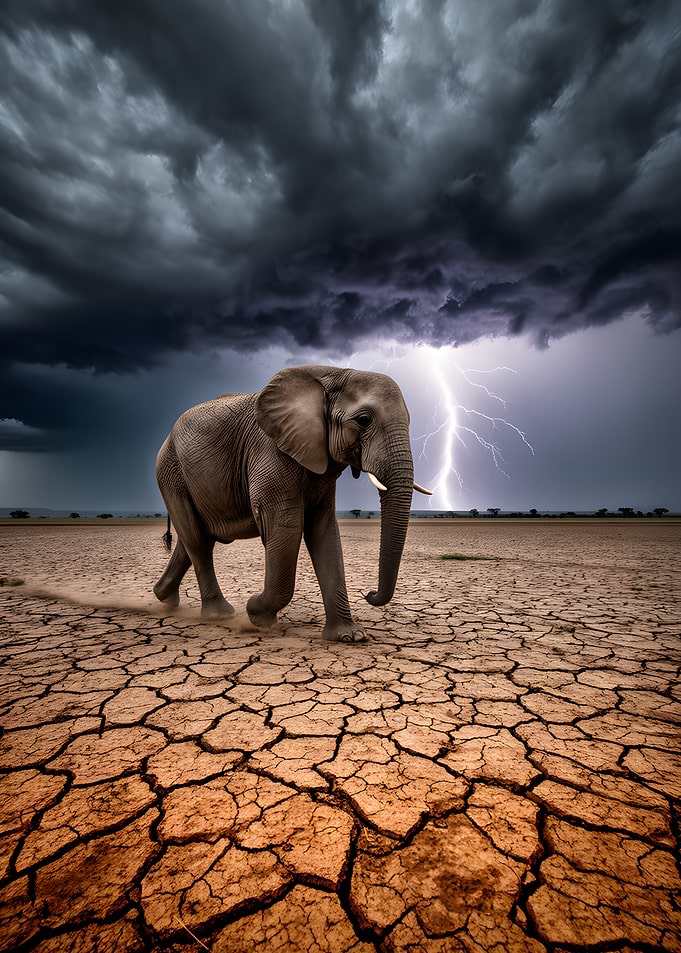 Elephant in a thunderstorm