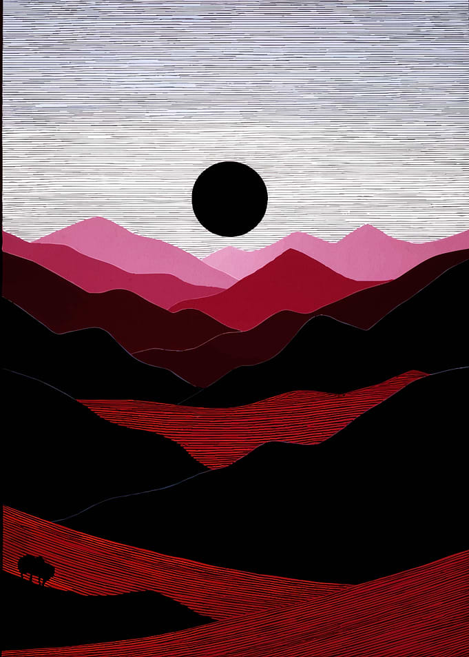 Minimalist Mountain Landscape with Black Sun