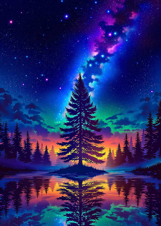 Vibrant Night Sky Over Forest Lake