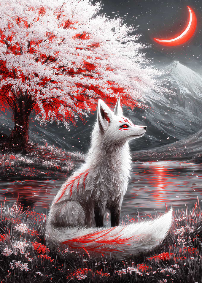 White Fox Under Cherry Blossom Tree