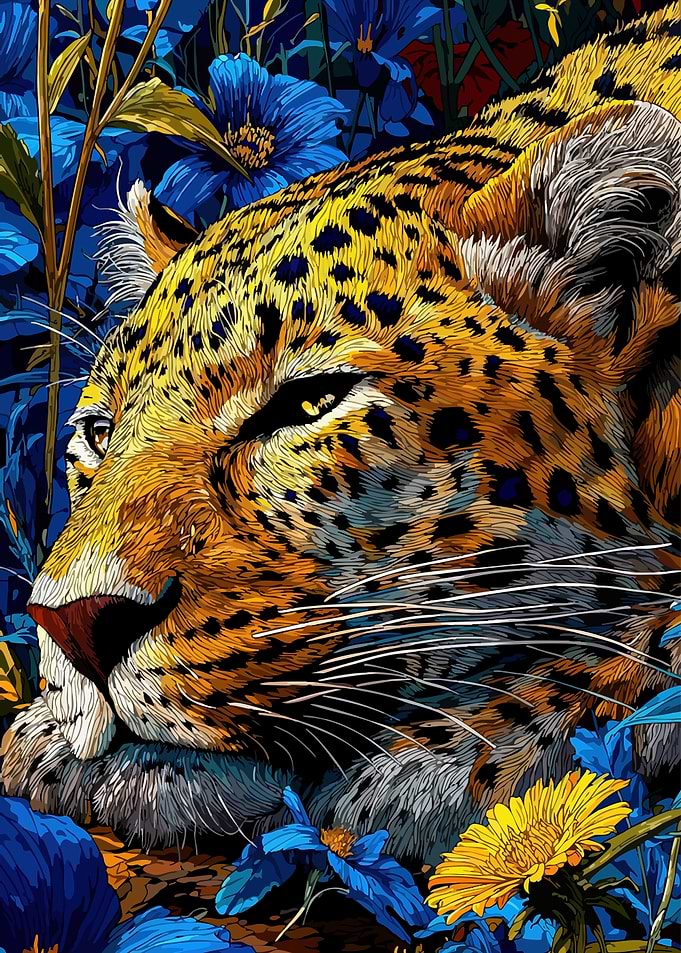 Leopard in Blue and Yellow Flowers