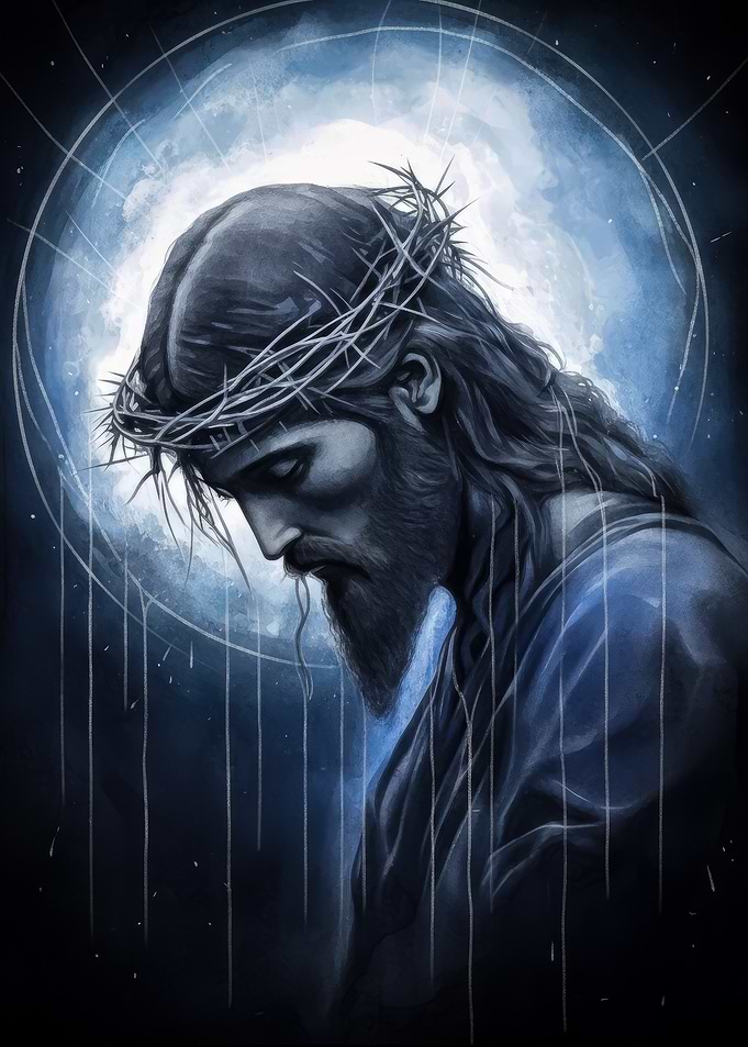 Jesus Christ with Crown of Thorns white and blue