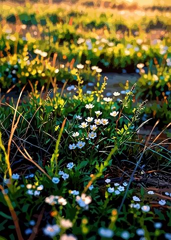 Field of wildflowers at sunset