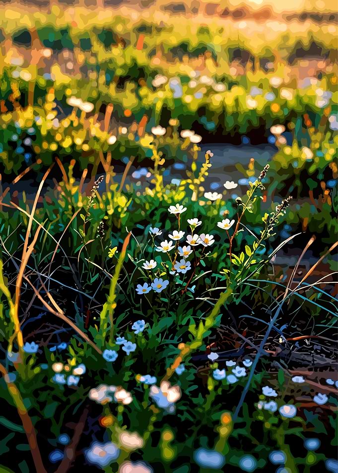 Field of wildflowers at sunset