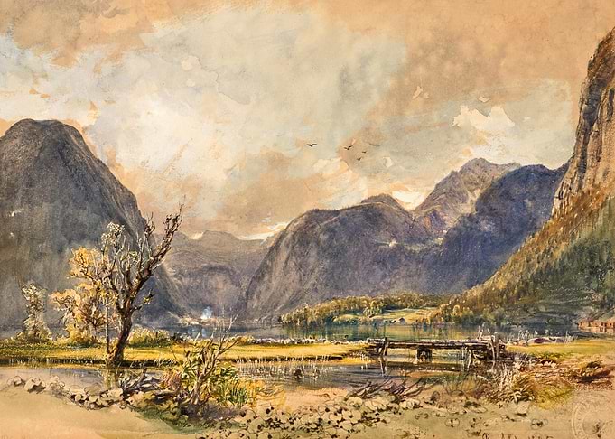 Mountain Lake Landscape with Bridge