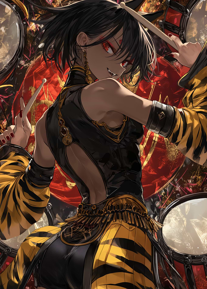 Anime Drummer with Tiger Stripes