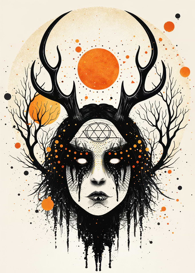 Mystical Woman with Antlers and Orbs
