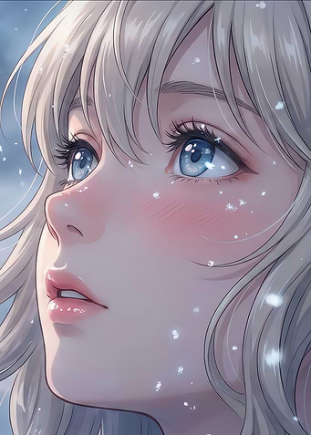 Anime Girl Looking Up in Snow