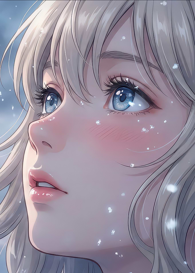 Anime Girl Looking Up in Snow