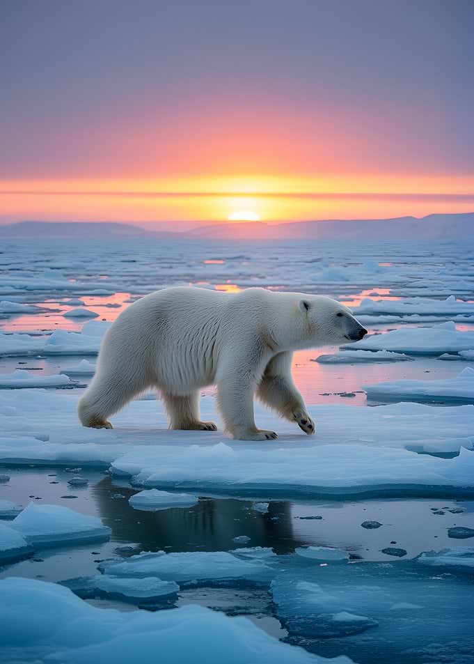 Polar Bear on Ice at Sunset