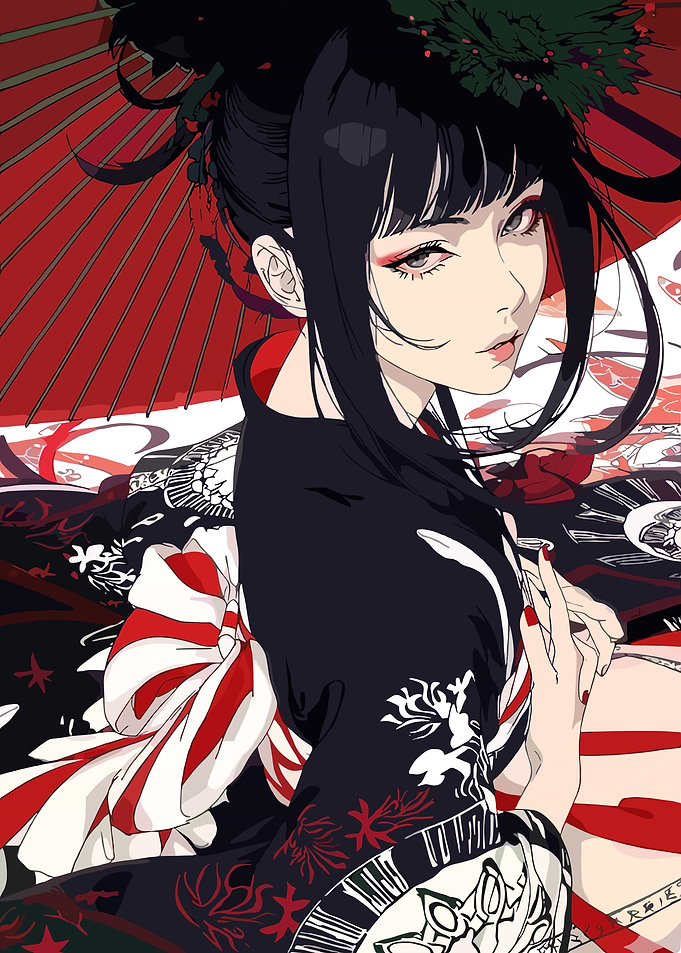Woman in Kimono with Red Umbrella