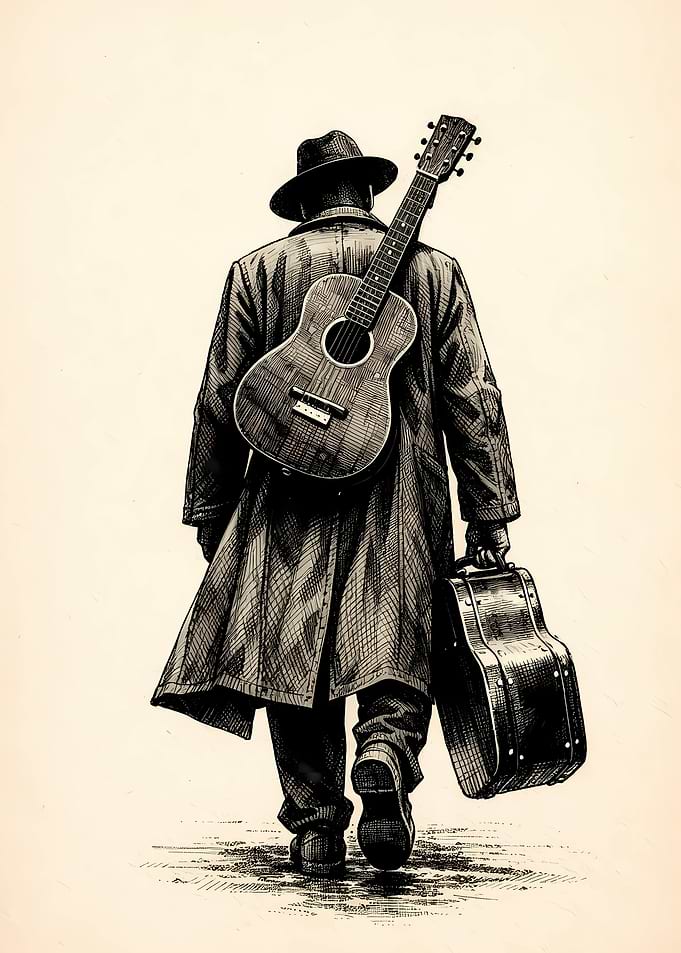 Musician Walking with Guitar and Case