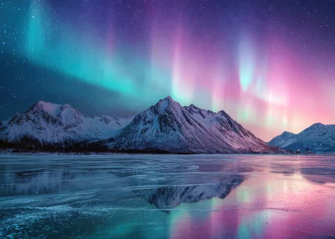 Aurora Borealis over Snowy Mountains