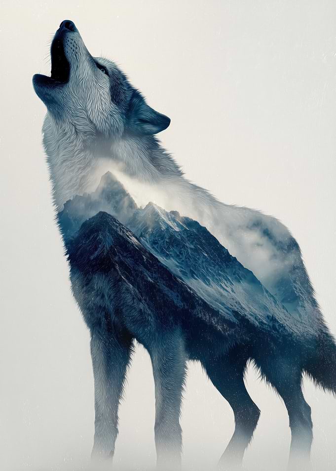 Wolf howling with mountain landscape overlay