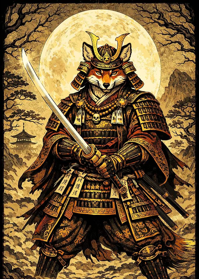 Wolf Samurai Under The Moon – Japanese Poster Art