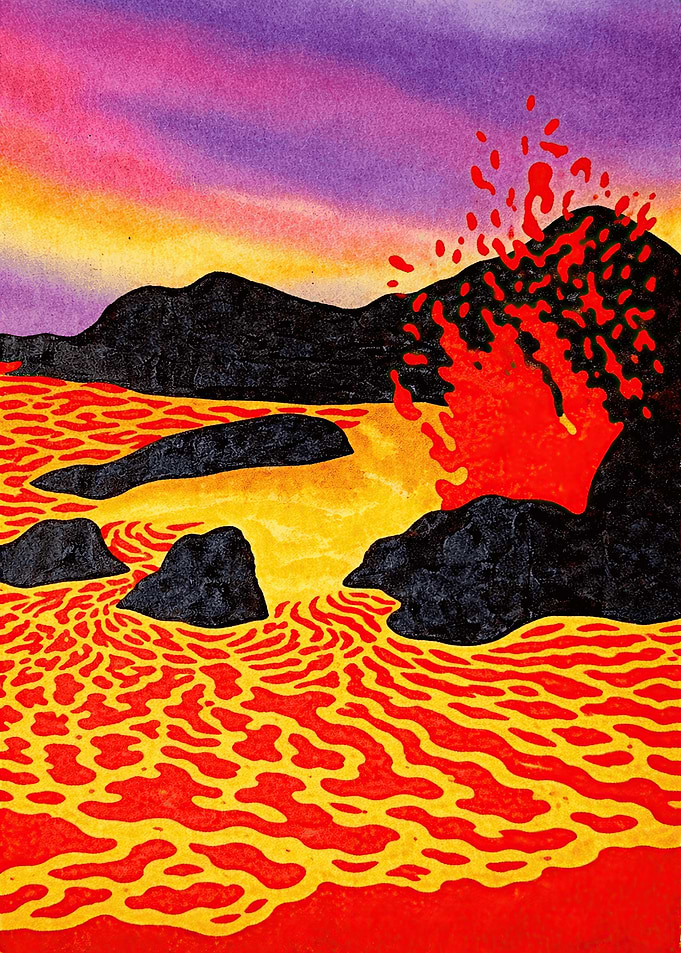 Volcanic Eruption Over Lava Flow