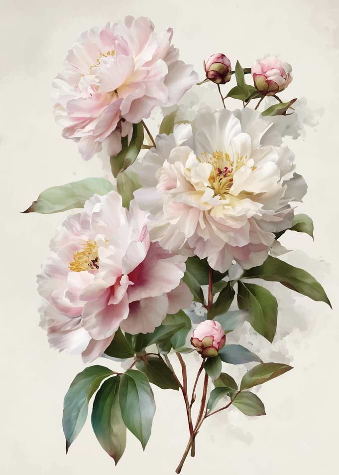 Watercolor Peonies and Buds
