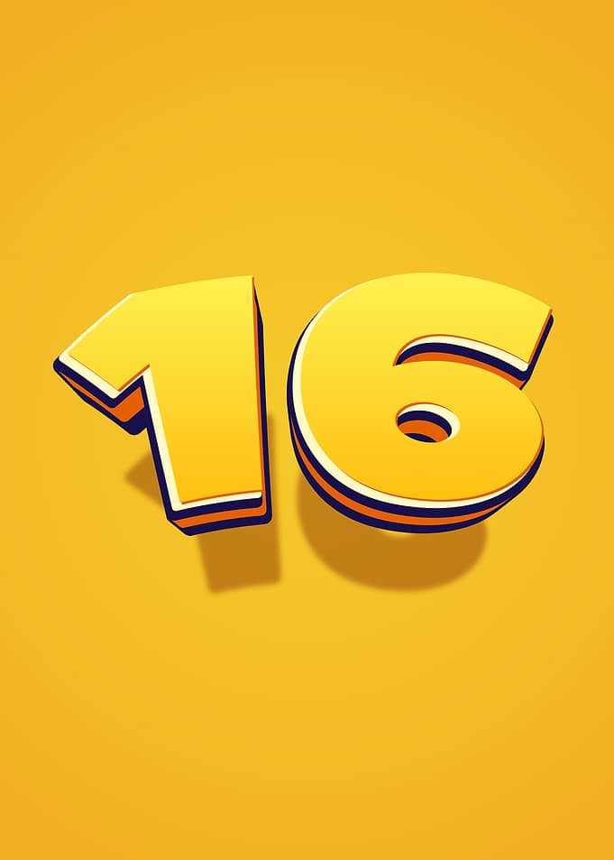Yellow Number 16 with Shadow