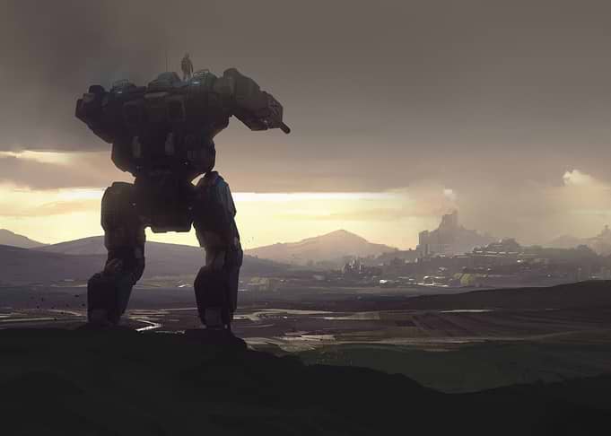 Giant Mech overlooking a futuristic city