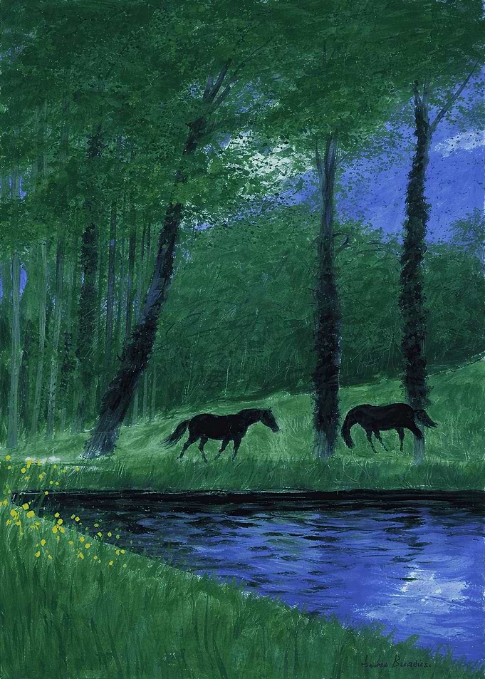 Horses by a Stream in a Forest