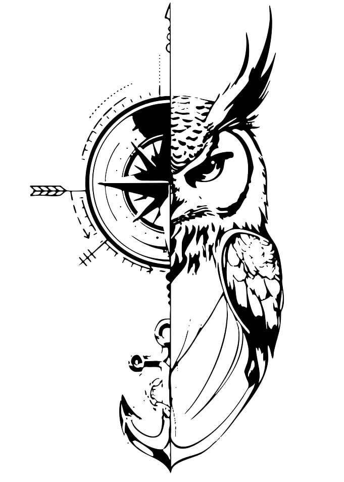 Owl and Compass Tattoo Design