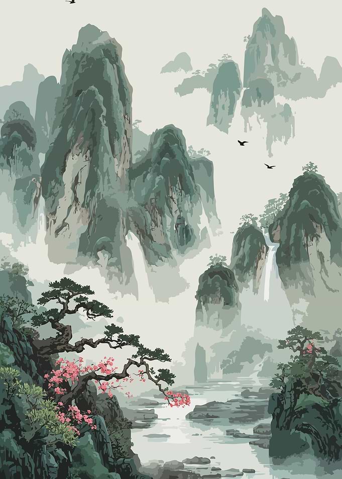Misty Mountain Landscape with Cherry Blossoms